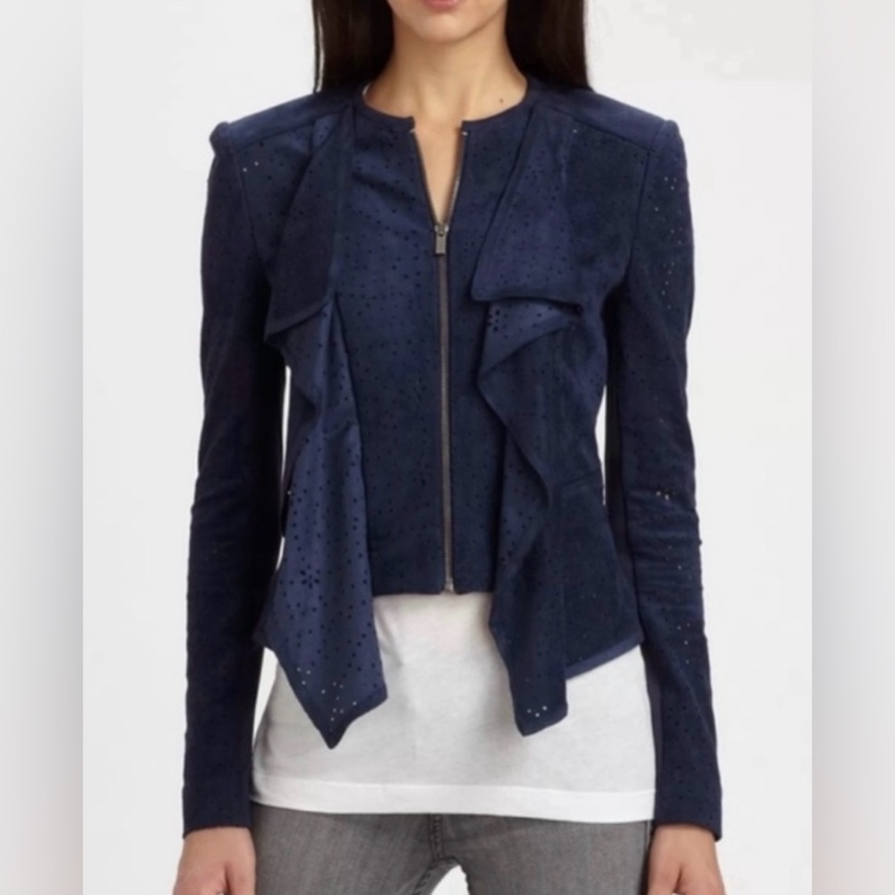 BCBGMAXAZRIA Eliot Faux Suede Perforated Ruffle Lapel Navy Jacket XS NWT $298